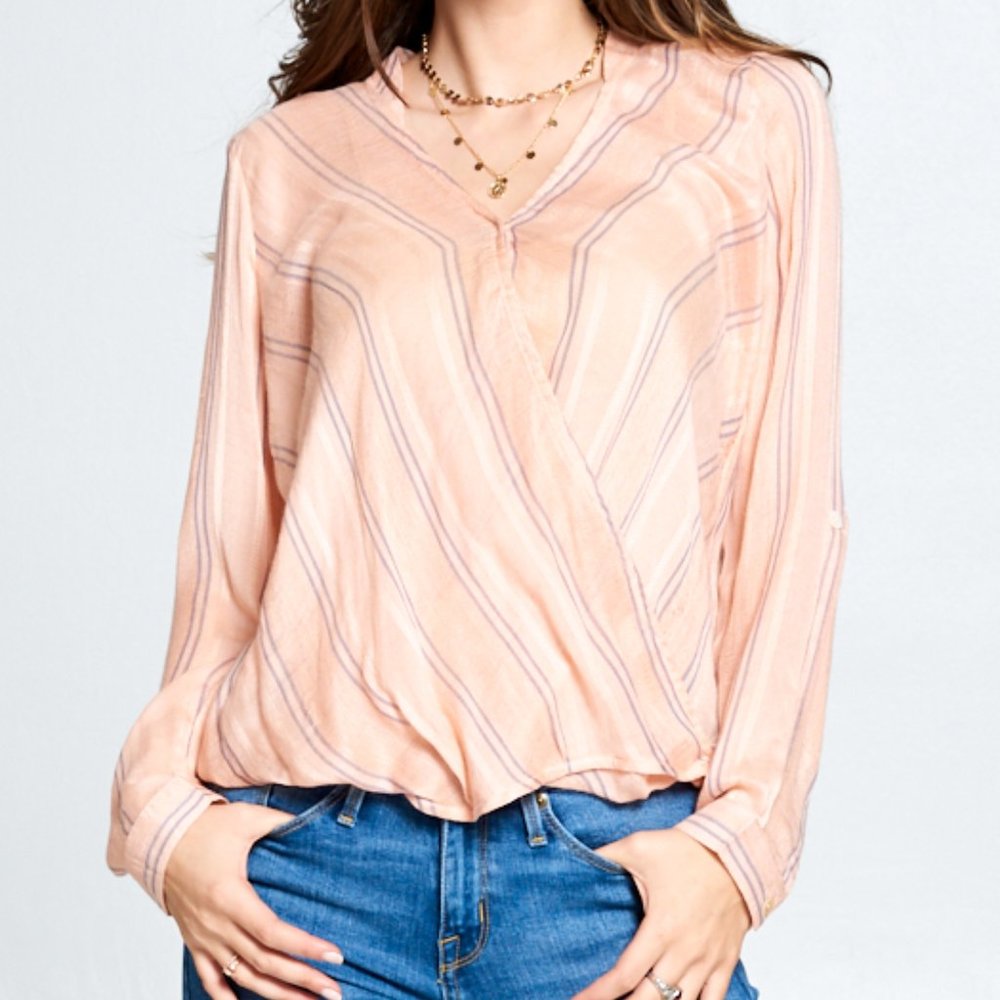LONG SLEEVE STRIPE & WRAP FRONT TOP PEACH BLUE